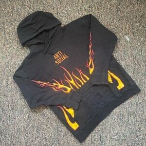 Y2K Skater Rue21 Mens Anti Social Flame Graphic Hoodie Black Orange Yellow Large